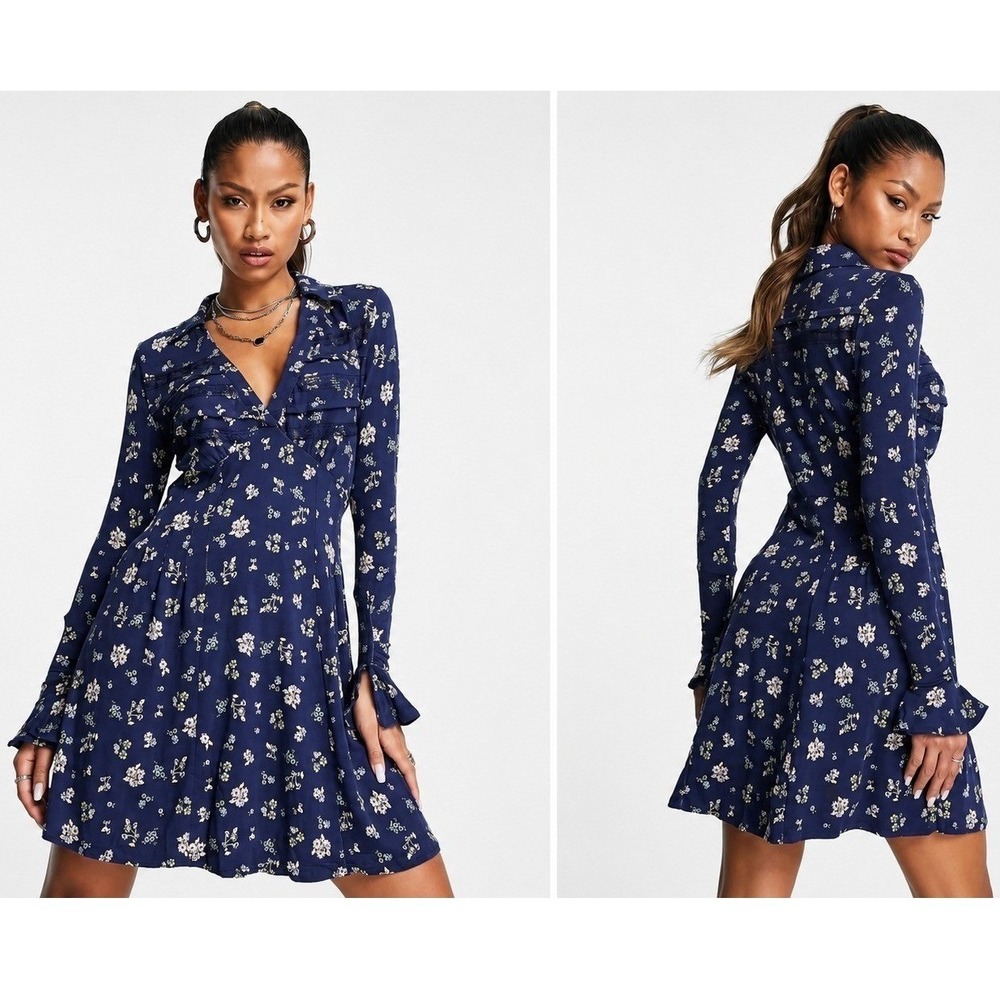 Free People Navy Blue Floral Good Days Mini Dress Lace Trim Ruffle Womens XS